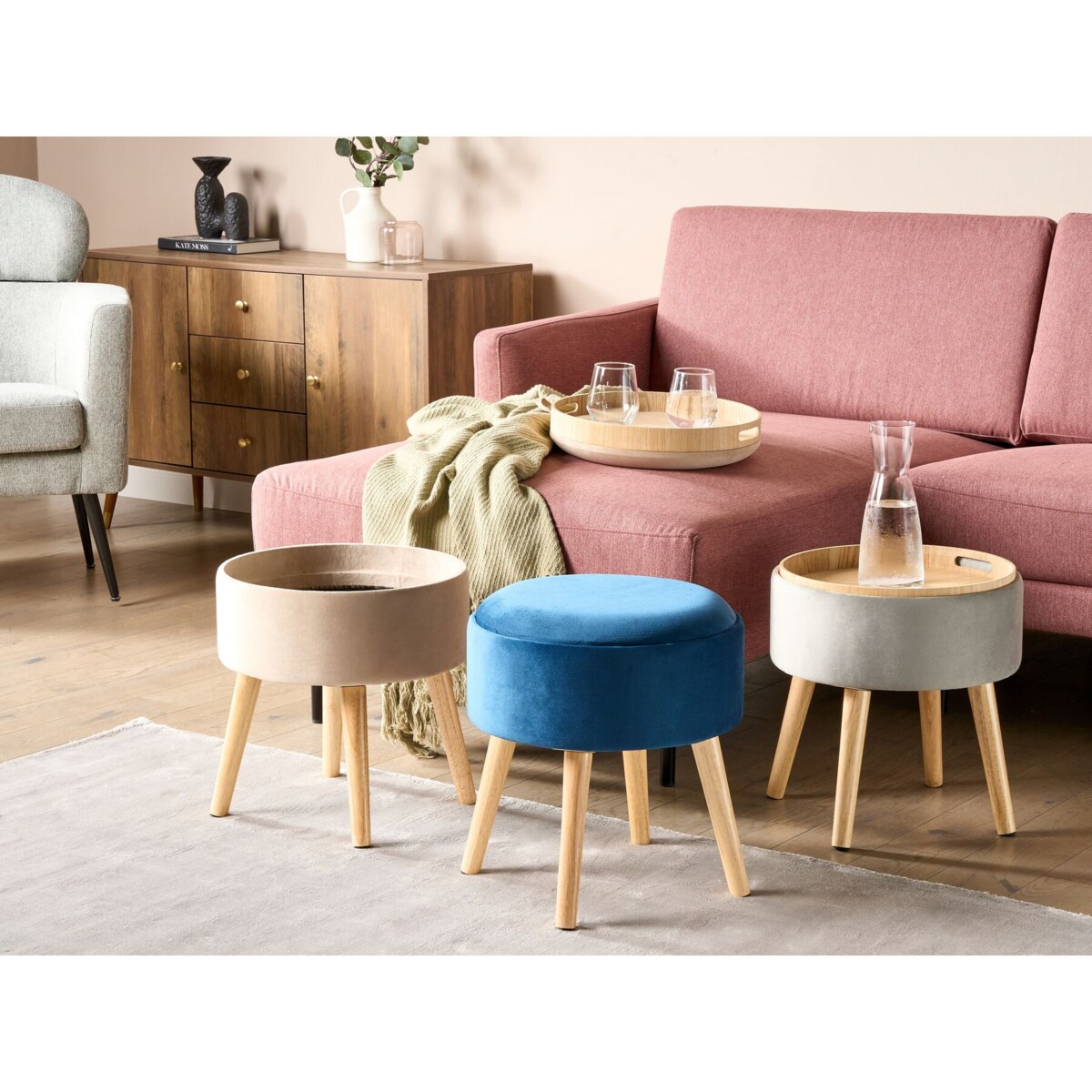 Stołek ze schowkiem welurowy niebieski NEELY