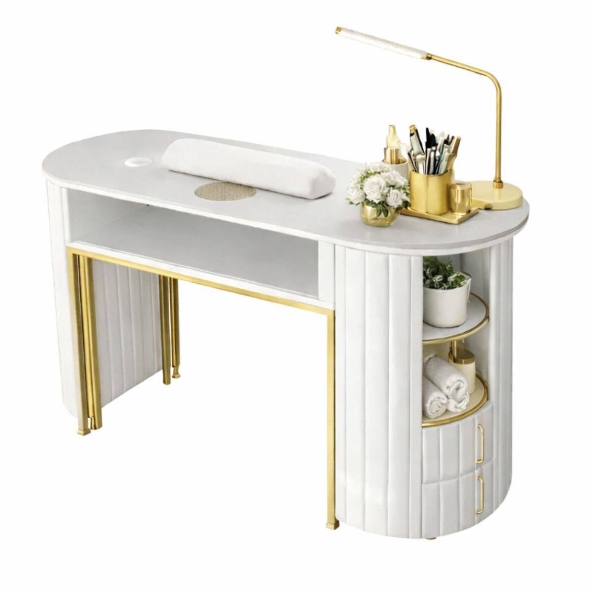 Biurko kosmetyczne z otworem na pochłaniacz biało-złote owalne 140x45x78