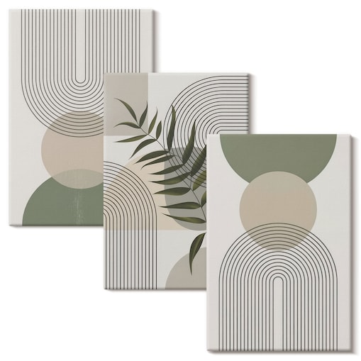 Zestaw 3 małych obrazów na płótnie - Abstrakcyjne kształty z zielenią - zielony