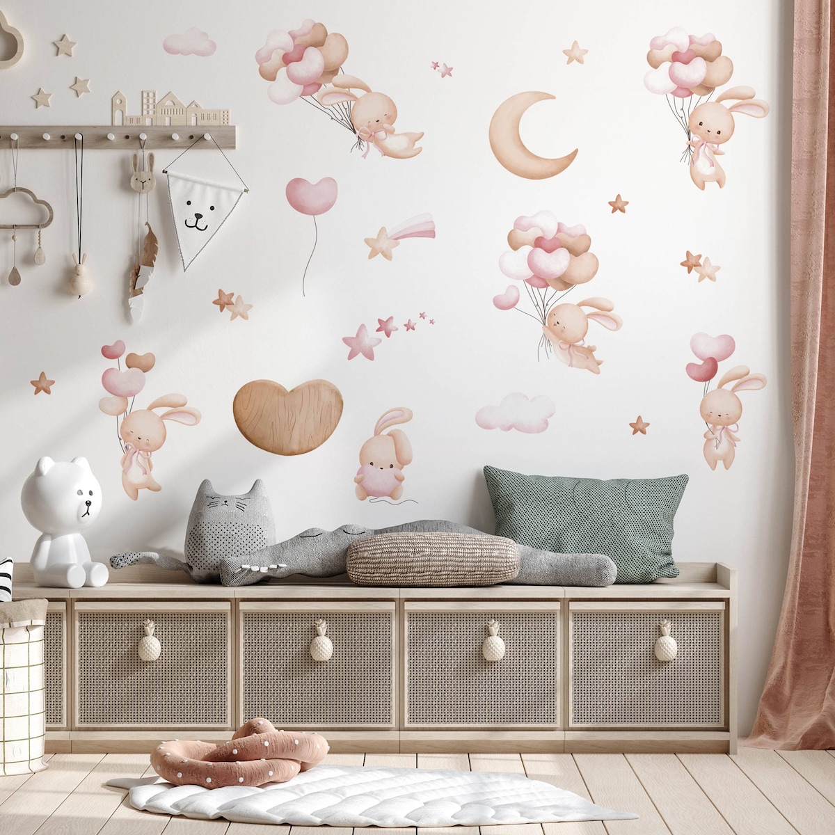 Naklejki Ścienne Dla Dzieci Króliczki Balony Serca Gwiazdy Księżyc ZESTAW 120x60cm