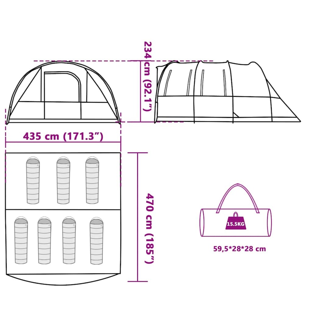 vidaXL Namiot rodzinny, 7-os., tunelowy, zielony, wodoszczelny