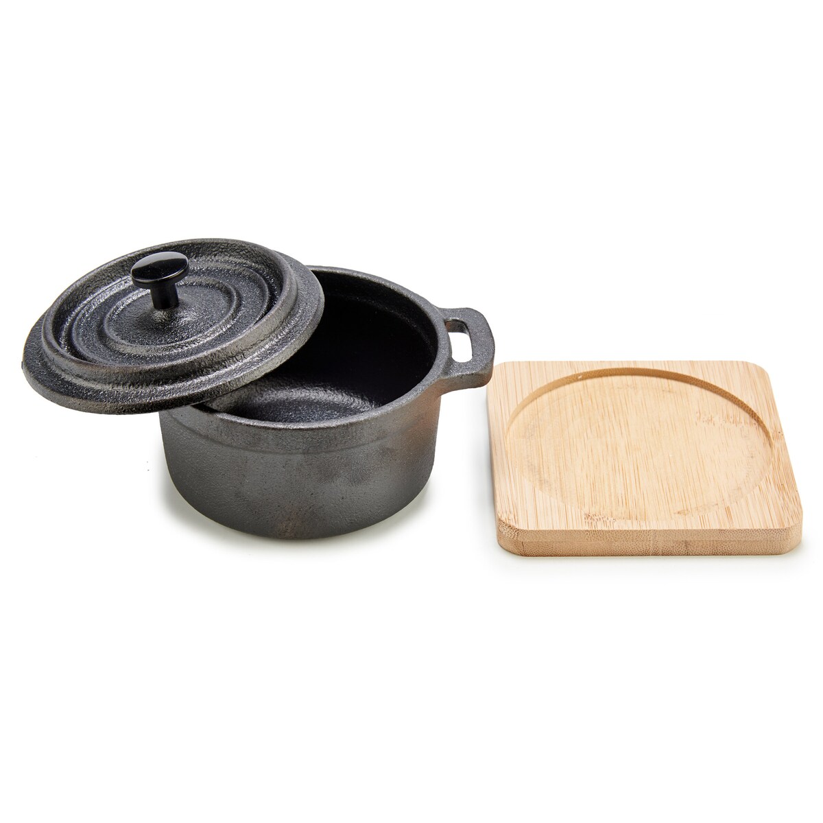 Żelazny garnek na bambusowej podstawce SLATE, 13 x 10 x 8 cm