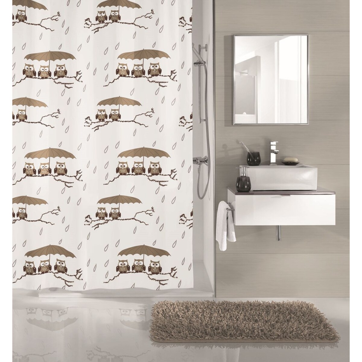 Kleine Wolke Eulen Tekstylna Zasłona prysznicowa Taupe 240x180 cm sowy