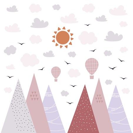 ZESTAW NAKLEJEK NA ŚCIANĘ DLA DZIECI RÓŻOWE GÓRY PTAKI CHMURY STYL BOHO