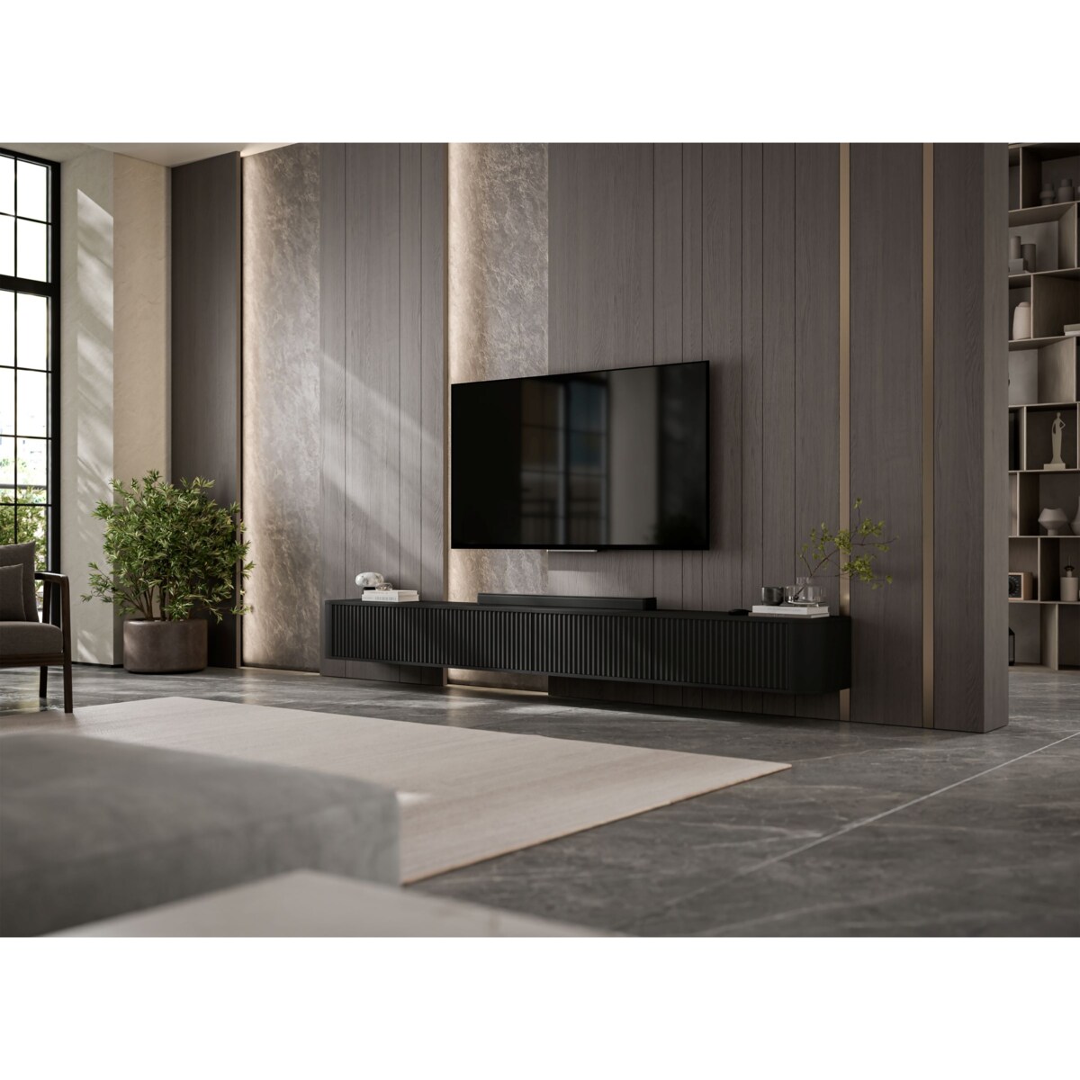 Szafka RTV Wisząca 280 cm Glamour Czarny Mat Nowoczesna Komoda RTV
