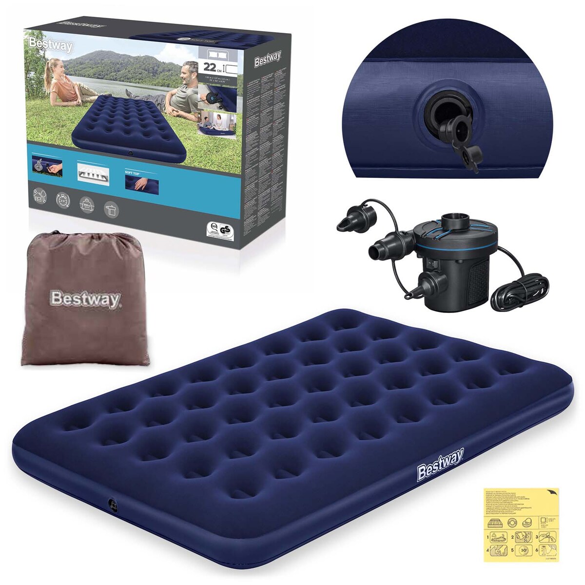 Materac dmuchany Bestway welurowy dwuosobowy 191x137x22cm z pompką elektryczną