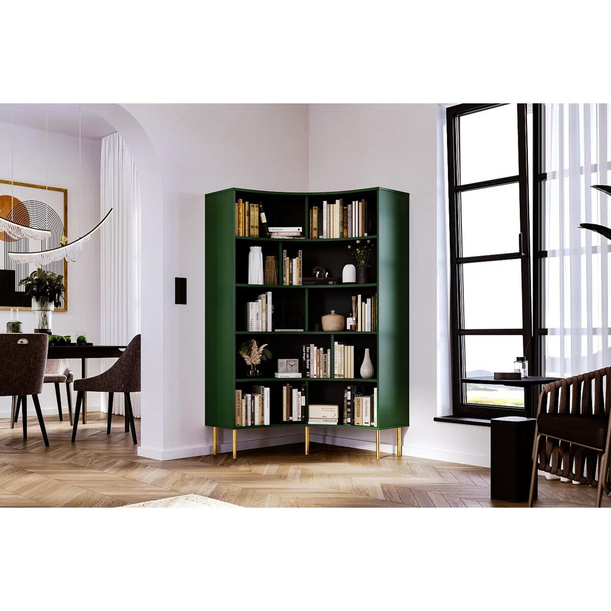Nowoczesny narożny regał na książki Skandica HORN ze złotymi nogami / zielony