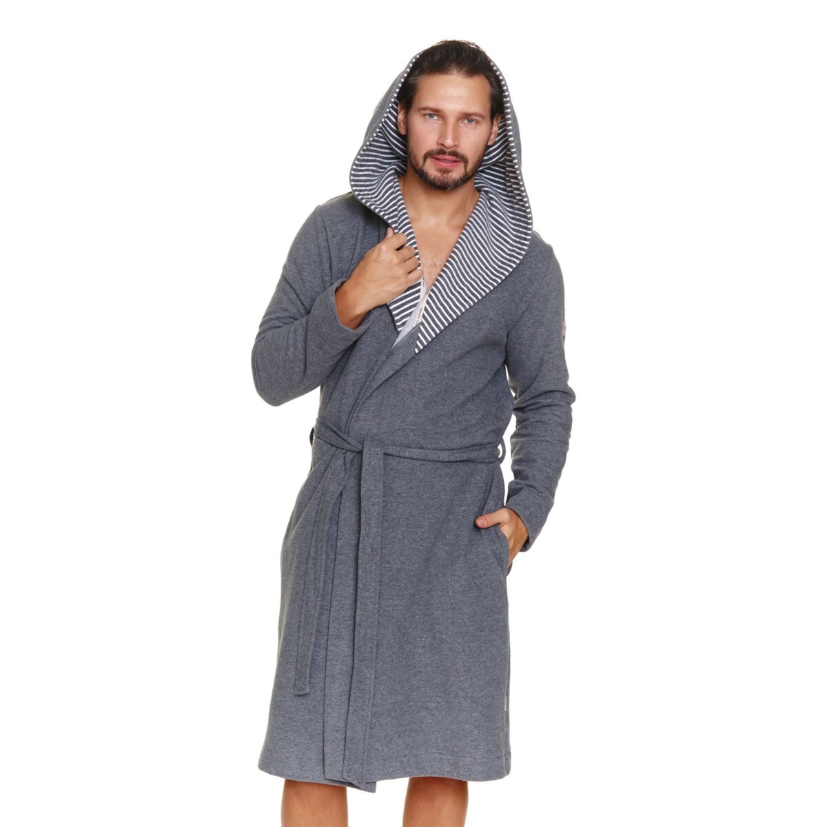 Szary szlafrok męski z kapturem