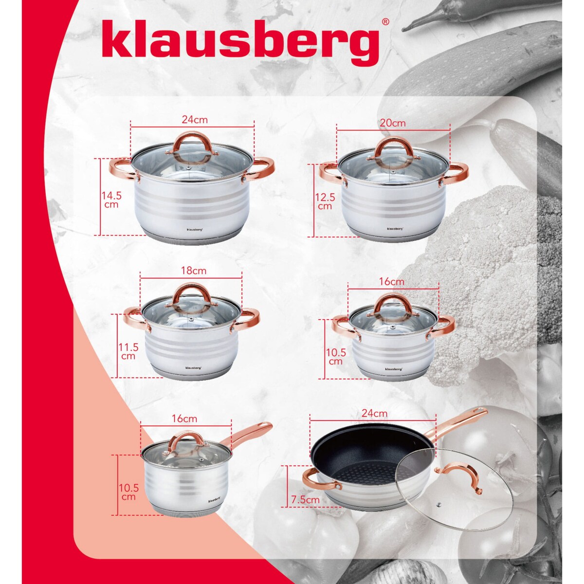 Zestaw garnków stalowych 12 ele. 2.1/2.1/2.9/3.4/3.9/6.6L KLAUSBERG