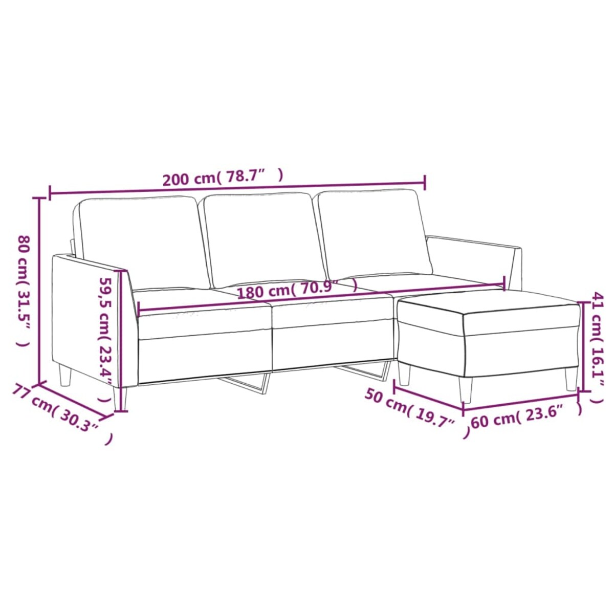 vidaXL 3-osobowa sofa z podnóżkiem, kremowa, 180 cm, sztuczna skóra