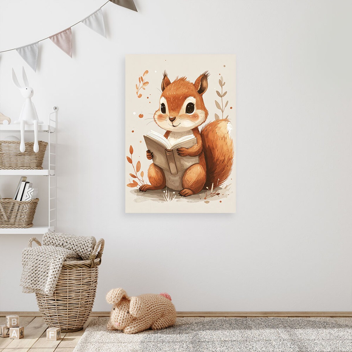 Obraz do pokoju dziecka niemowlaka, Wiewiórka czytająca książkę zwierzęta leśne 80x120 cm