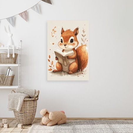Obraz do pokoju dziecka niemowlaka, Wiewiórka czytająca książkę zwierzęta leśne 80x120 cm