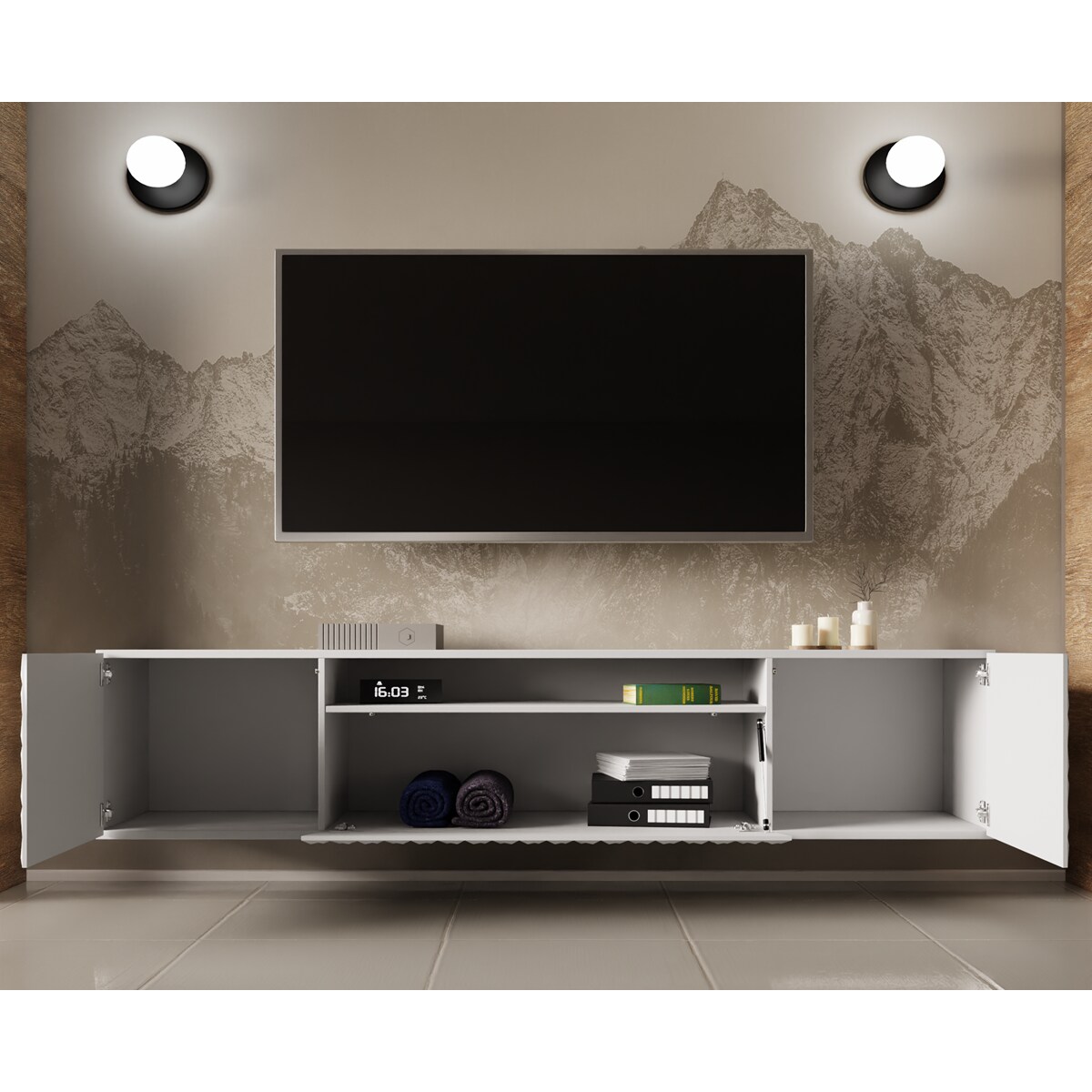 Szafka RTV ALI 200 cm, wisząca, z ozdobnymi frontami, pod telewizor- biała