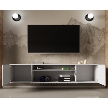 Szafka RTV ALI 200 cm, wisząca, z ozdobnymi frontami, pod telewizor- biała