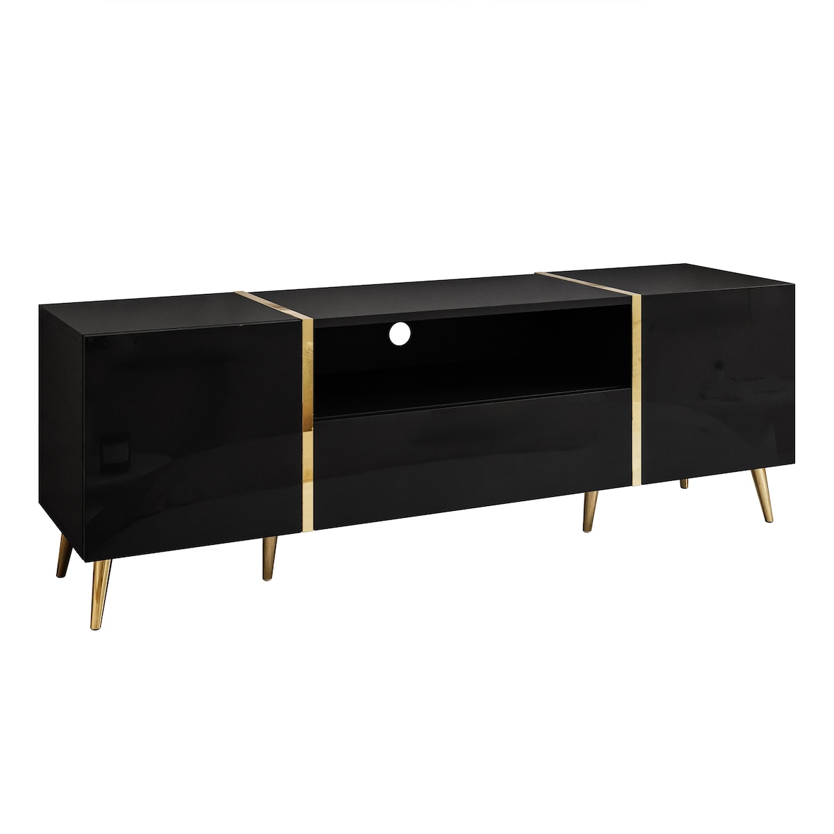 Szafka RTV ONYX na złotych nóżkach wysoki połysk 158 cm, czarny połysk, push-to-open