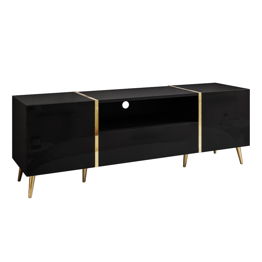 Szafka RTV ONYX na złotych nóżkach wysoki połysk 158 cm, czarny połysk, push-to-open