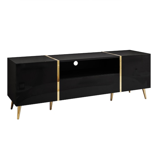 Szafka RTV ONYX na złotych nóżkach wysoki połysk 158 cm, czarny połysk, push-to-open