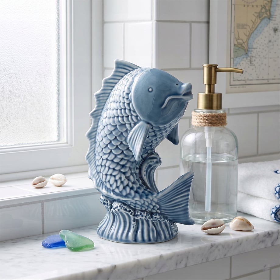 FIGURKA RYBA MARYNISTYKA RAFA KORALOWA CERAMICZNA NIEBIESKA OZDOBA BIAŁA