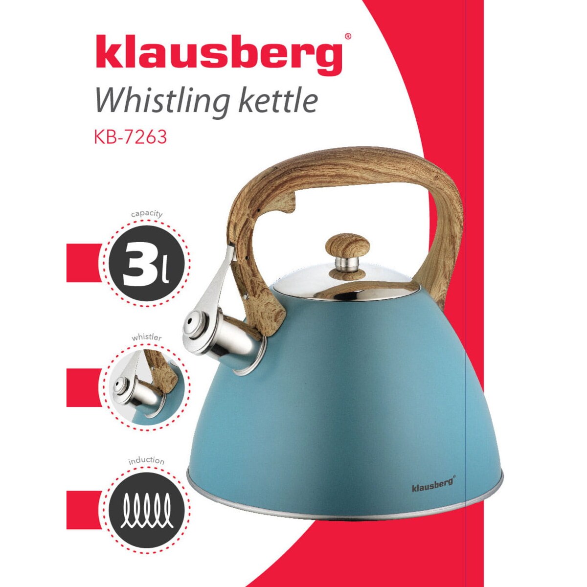 Czajnik stalowy z gwizdkiem lakierowany mat niebieski 3.0L KLAUSBERG