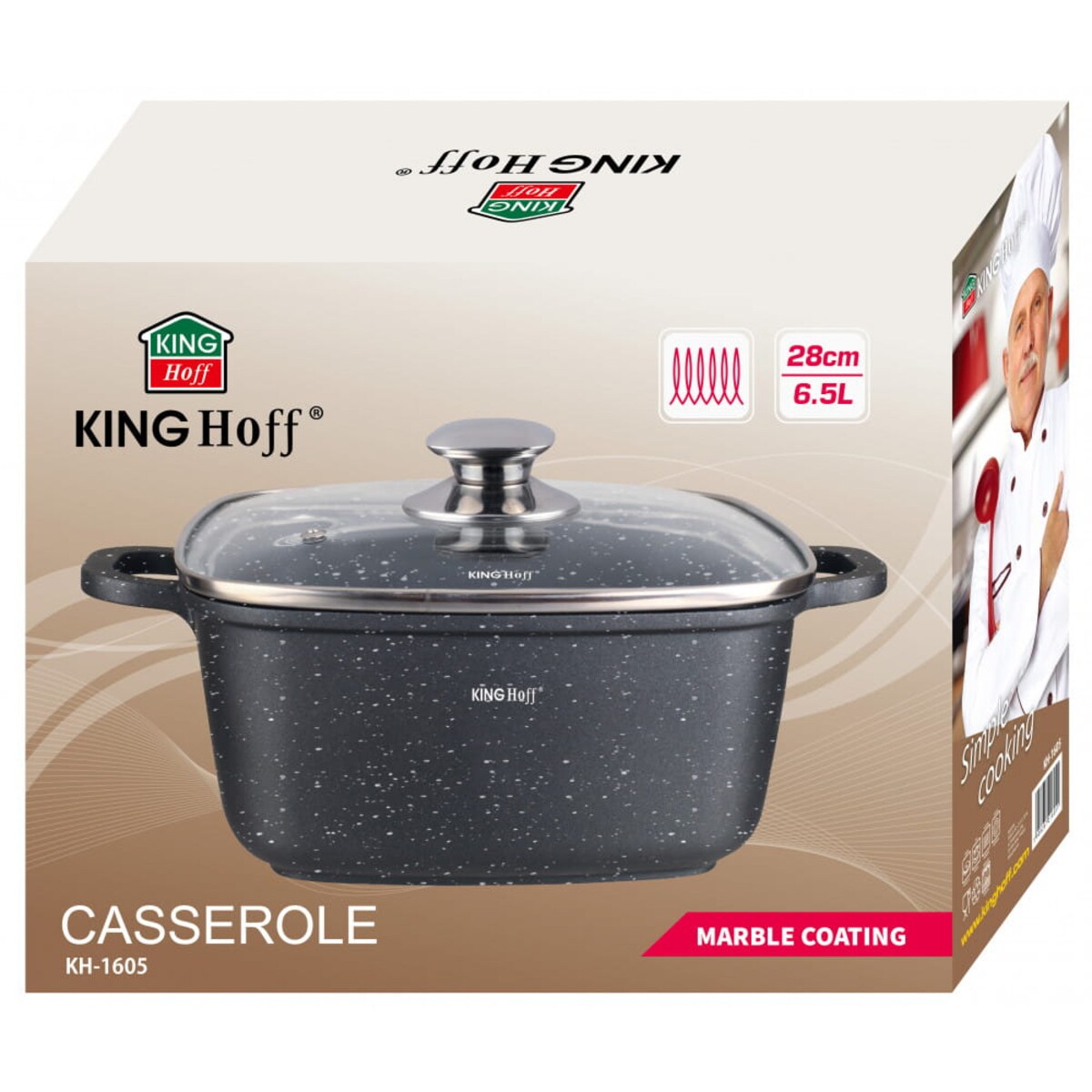 Garnek kwadratowy Z powłoką marmurową 6.5L 28cm indukcja gaz KINGHOFF