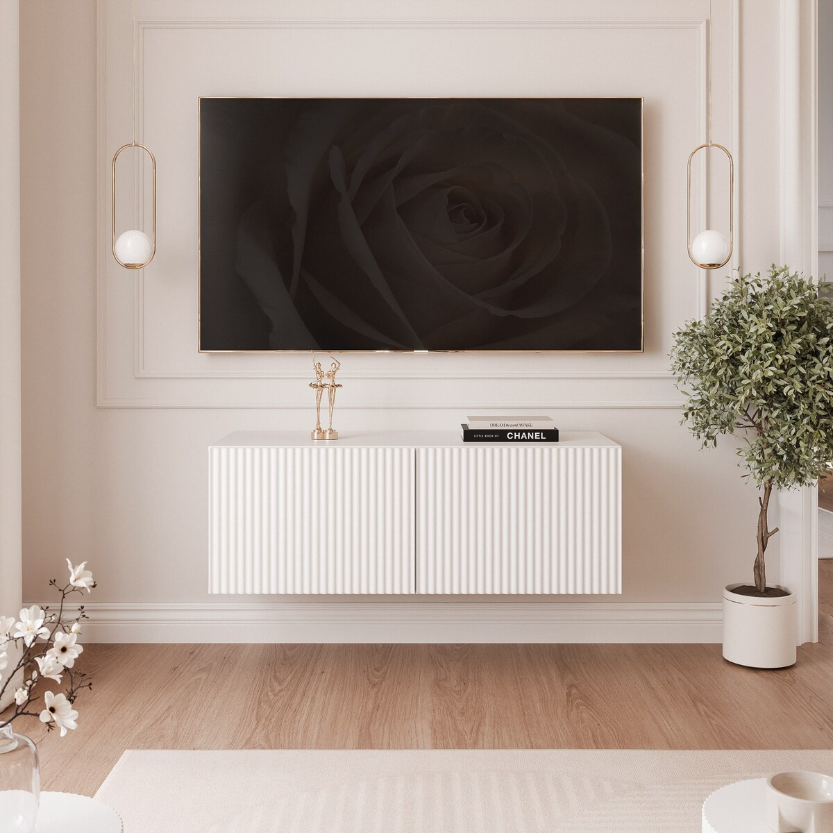 Szafka RTV wisząca BIAŁA ANGEL ryflowana 100 cm z oświetleniem LED