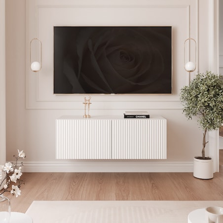 Szafka RTV wisząca BIAŁA ANGEL ryflowana 100 cm z oświetleniem LED