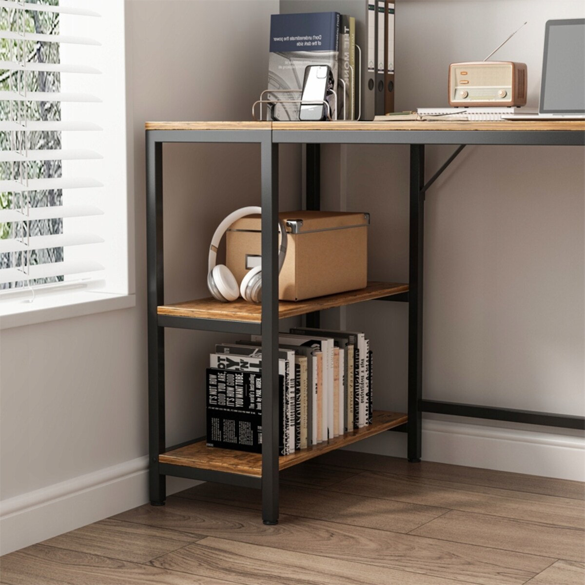 Biurko Komputerowe Stolik Vintage Rustykalny Brąz Loft Z 2 Półkami 140 Cm