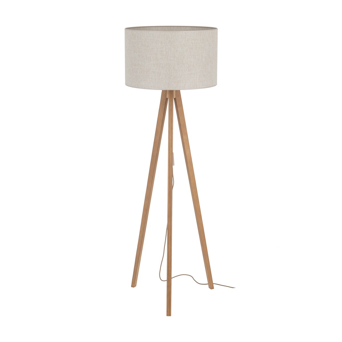 Lampa Podłogowa Drewniana Viga Shade Sosna Trójnóg Lniany Abażur