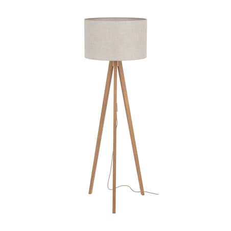 Lampa Podłogowa Drewniana Viga Shade Sosna Trójnóg Lniany Abażur