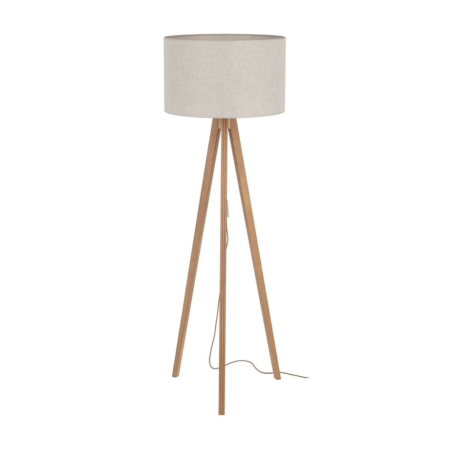 Lampa Podłogowa Drewniana Viga Shade Sosna Trójnóg Lniany Abażur