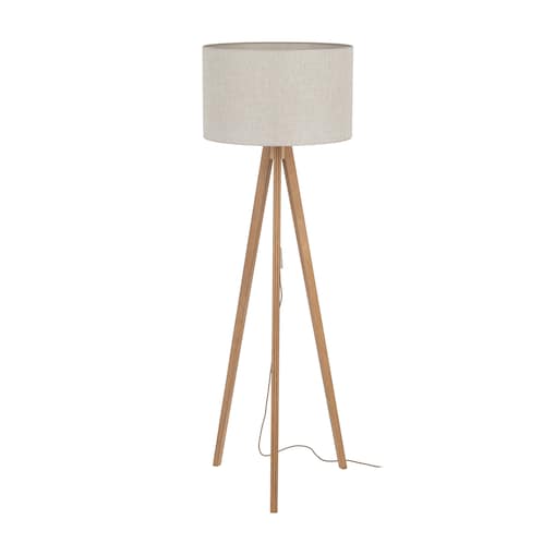Lampa Podłogowa Drewniana Viga Shade Sosna Trójnóg Lniany Abażur