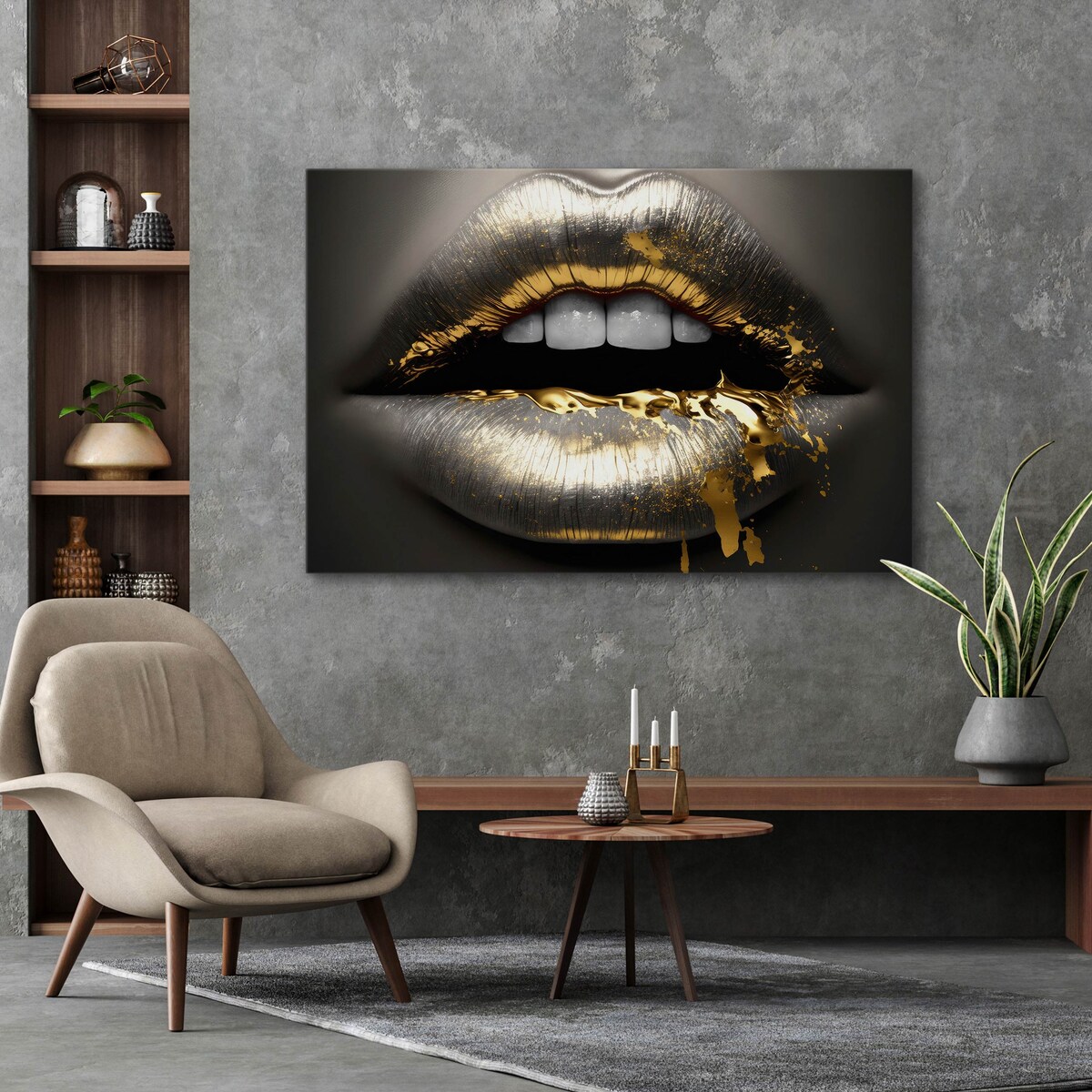 Obraz Ścienny Złoto-Srebrne USTA Efekt 3D 70x50cm