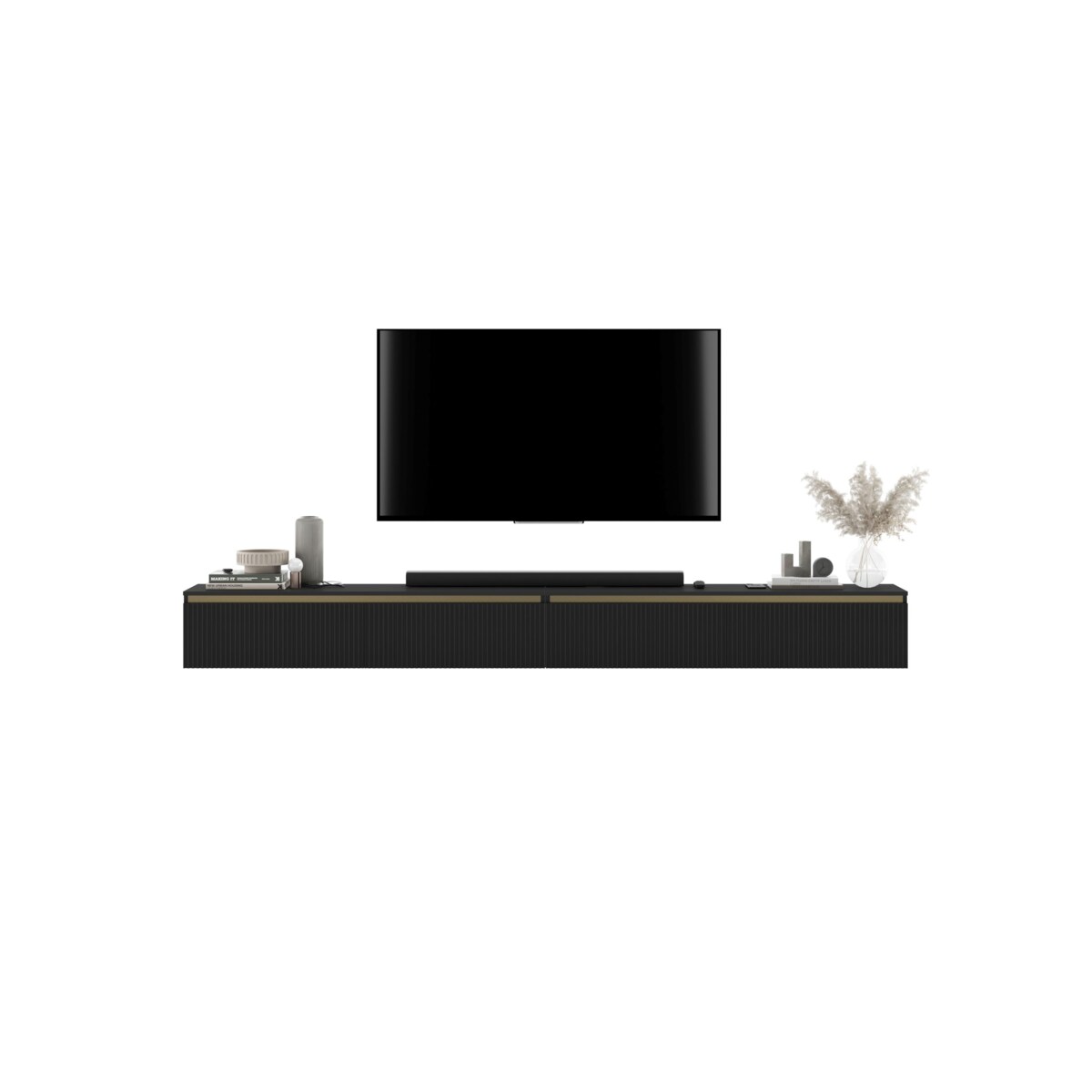 Wisząca Szafka RTV Glamour Komoda RTV Czarny Mat 280 cm ryflowane fronty