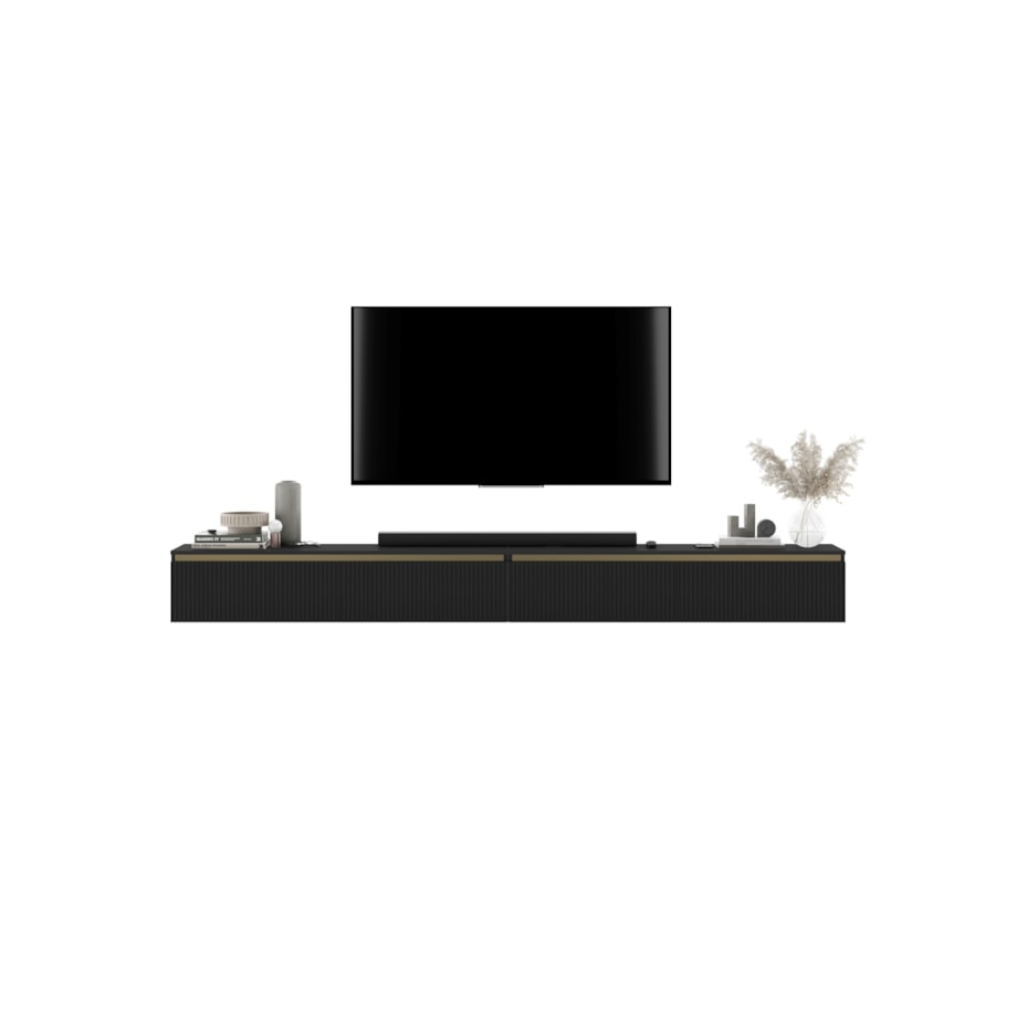 Wisząca Szafka RTV Glamour Komoda RTV Czarny Mat 280 cm ryflowane fronty