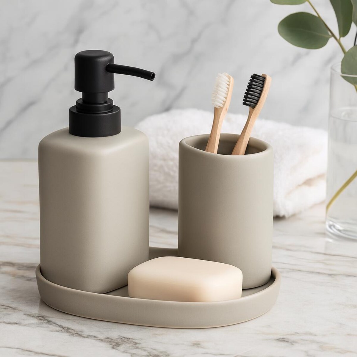 Zestaw łazienkowy PLY, ceramiczny dozownik, kubek i taca