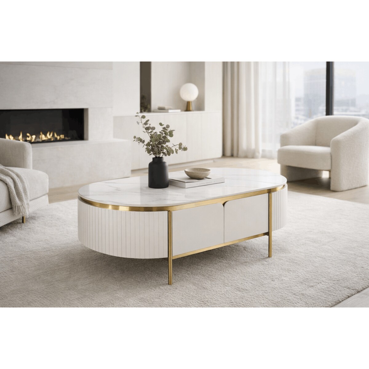 Owalny stolik kawowy glamour ecru Bueno ryflowany 122x70x45