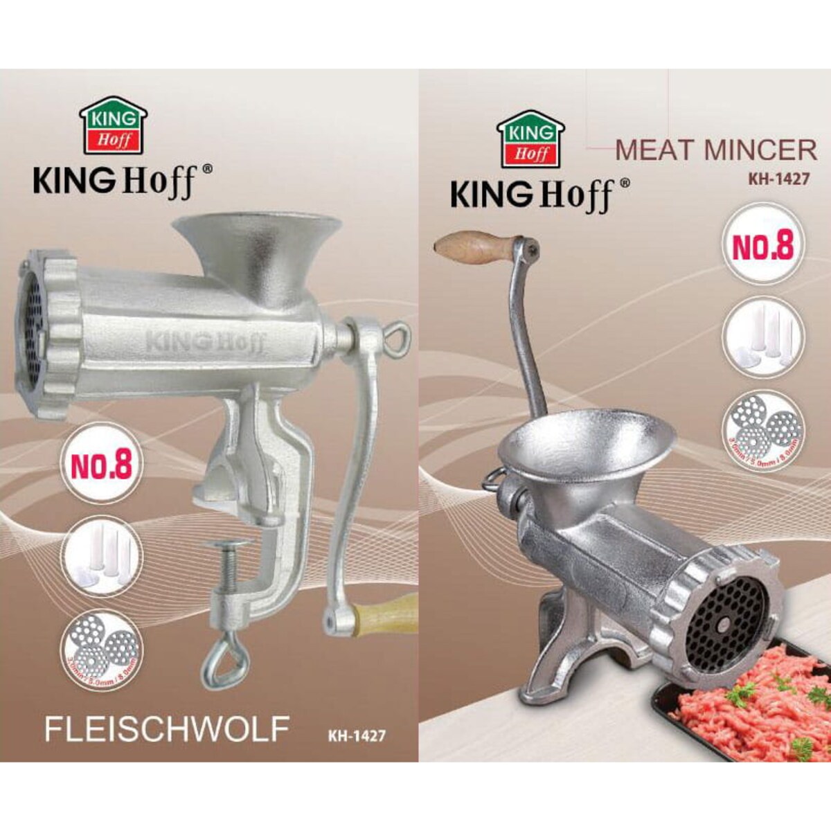 Maszynka żeliwna do mielenia mięsa #8 + akcesoria KINGHOFF