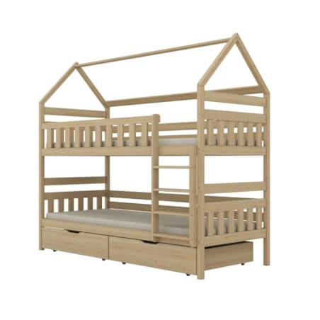 Łóżko piętrowe domek FELIKS 160x80 sosna lakierowana drewniane z szufladami