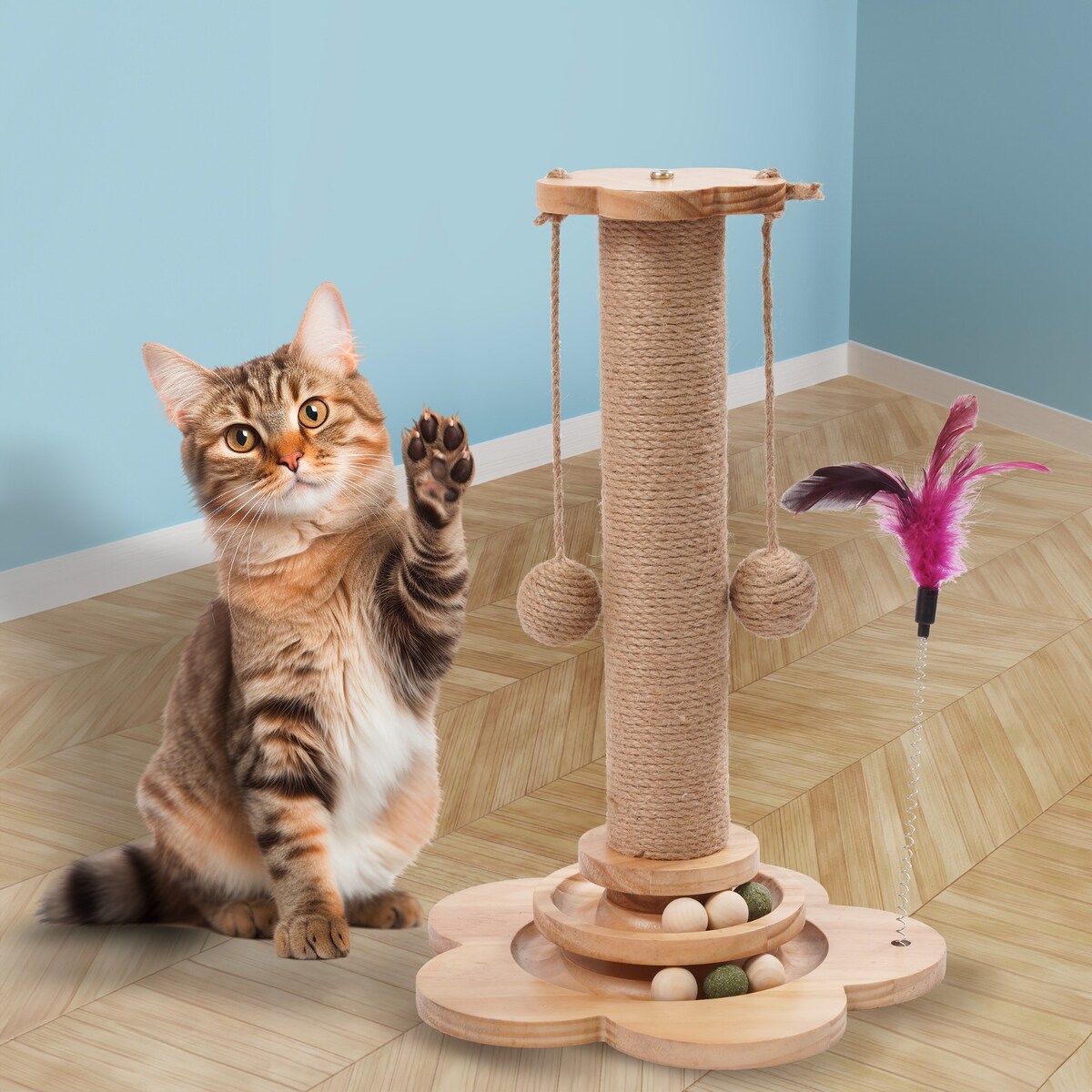 Drapak dla kota ZABAWKA stojąca z kuleczkami wiszące PIÓRKO do drapania
