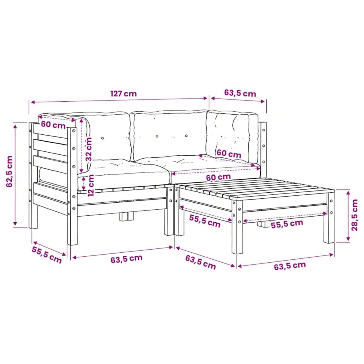 vidaXL 3-cz. zestaw wypoczynkowy z poduszkami, lita sosna