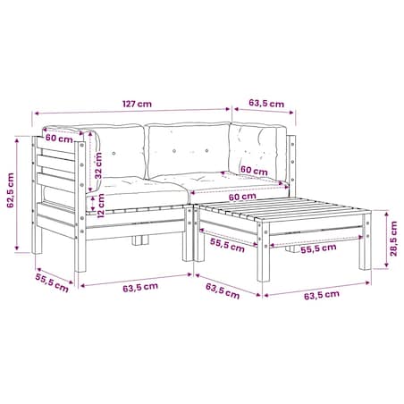 vidaXL 3-cz. zestaw wypoczynkowy z poduszkami, lita sosna