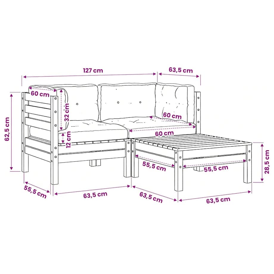 vidaXL 3-cz. zestaw wypoczynkowy z poduszkami, lita sosna