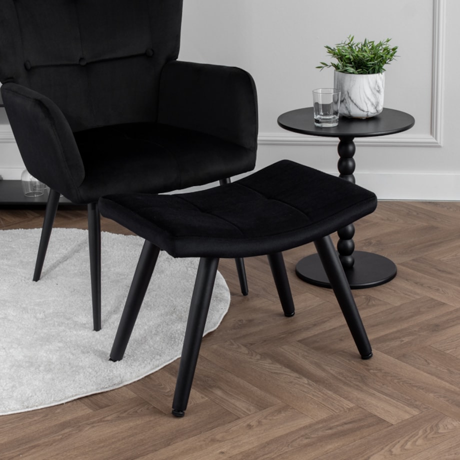 Fotel uszak z podnóżkiem do salonu wypoczynkowy welurowy tapicerowany czarny