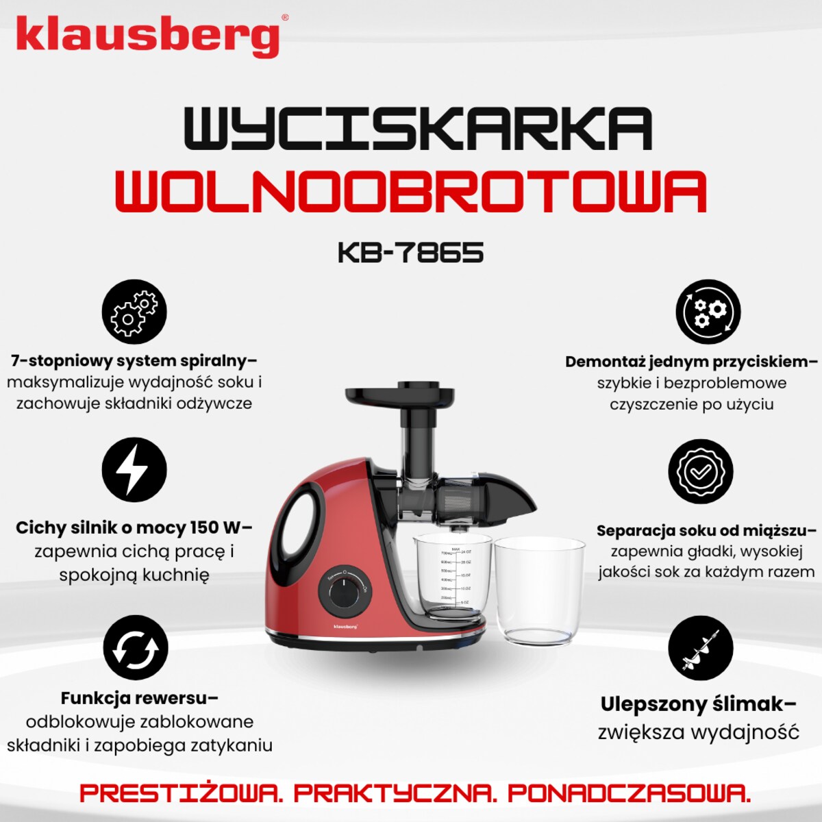 Sokowirówka wolnoobrotowa 150W do owoców i warzyw COLD PRESS KLAUSBERG KB-7865