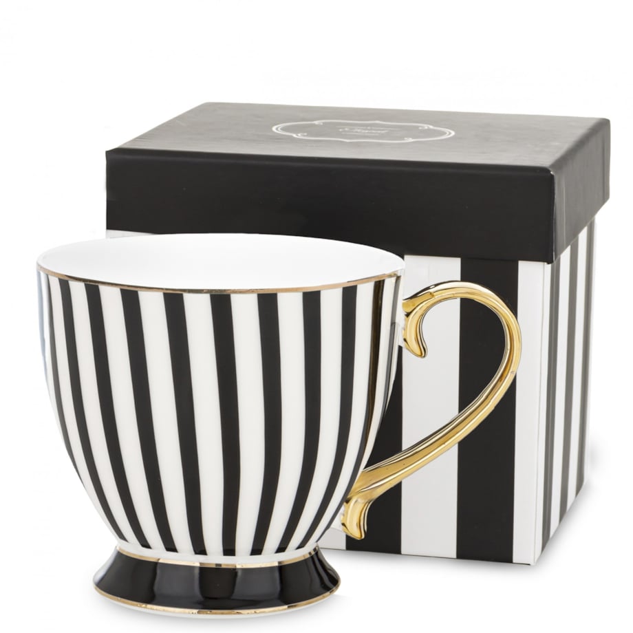 Kubek-filiżanka porcelanowy w paski w pudełku 450 ml TASSA - czarny
