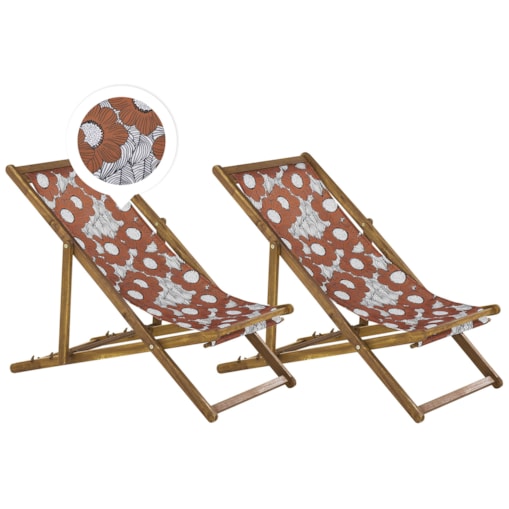 Zestaw 2 leżaków ogrodowych jasne drewno akacjowe wzór w maki ANZIO
