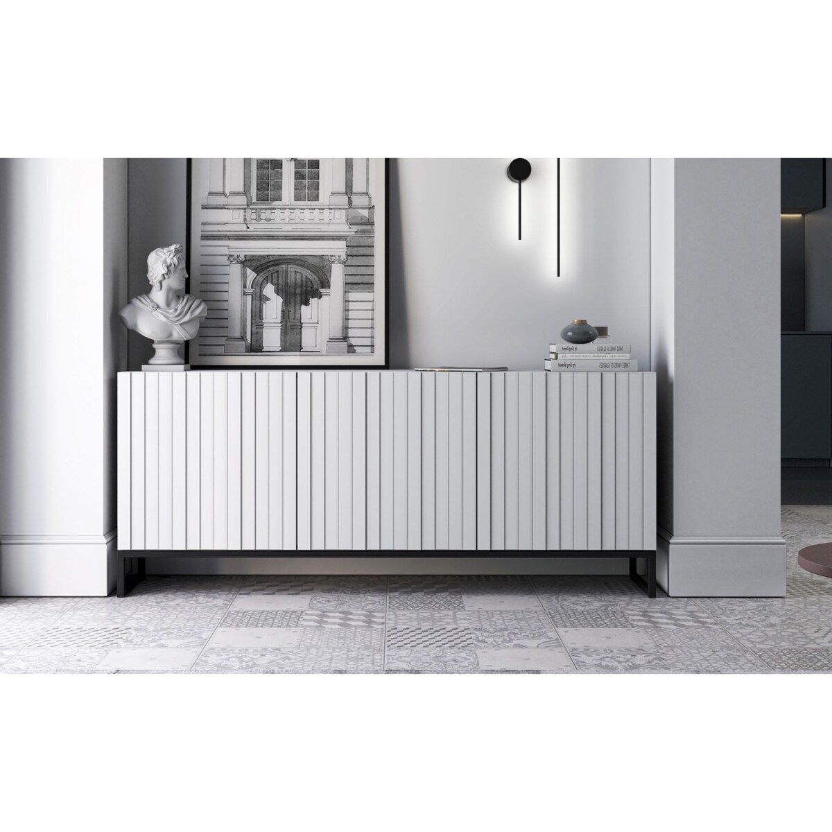 Nowoczesna Szafka RTV Loft Biały Mat Komoda RTV Glamour 168 cm Czarna Rama Loft