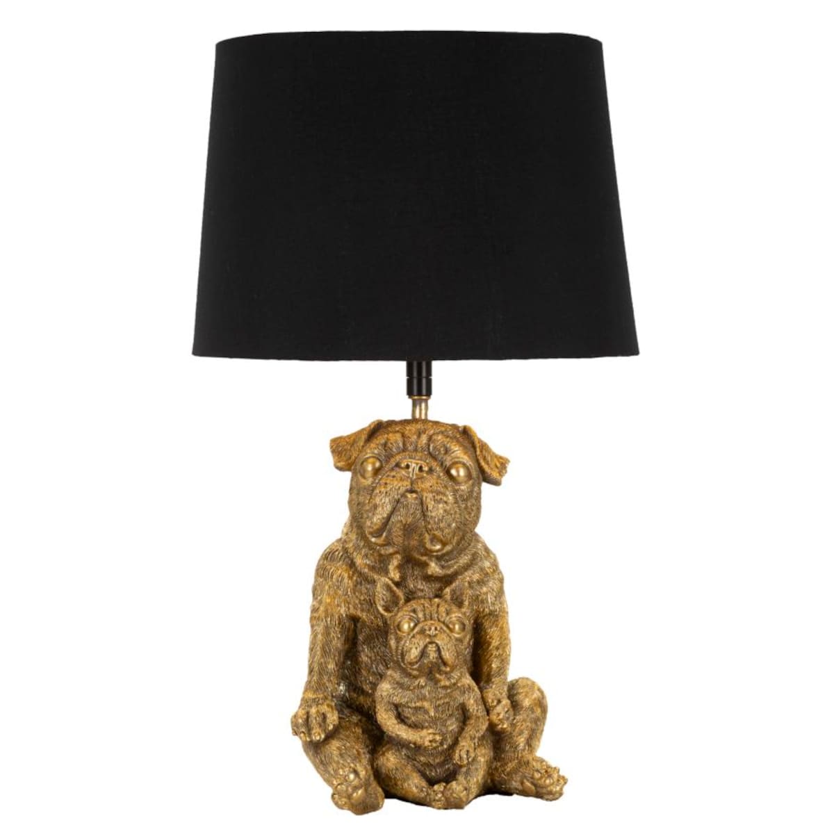 Lampa stołowa Dog, kolor złoty i czarny, żywica syntetyczna, żelazo i tkanina, 26 x 26 x 43,8 cm, 1 x E27, max. 40 W, motyw: pies, Mauro Ferretti