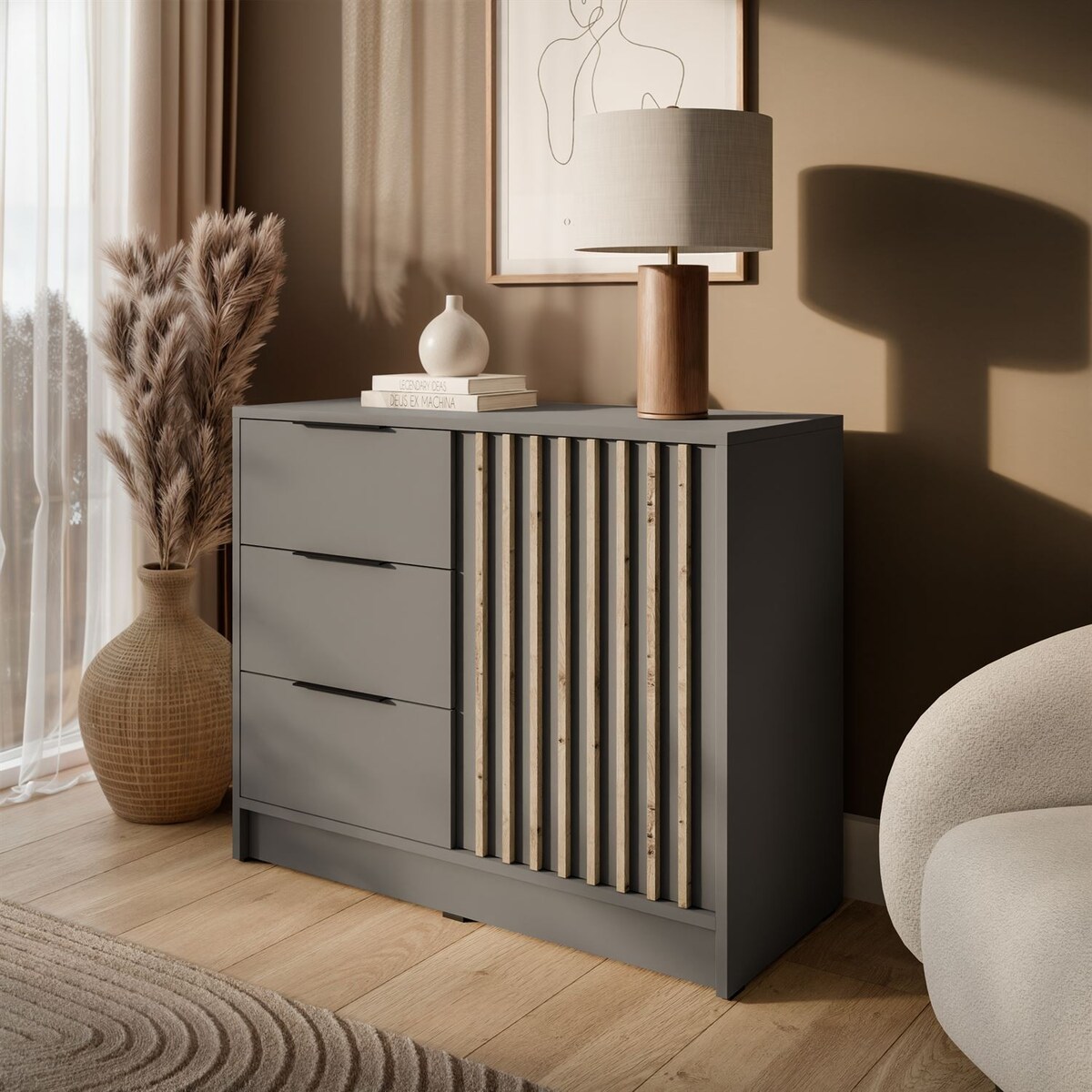 Komoda NELA 1D3S z lamelami, szary + dab artisan
