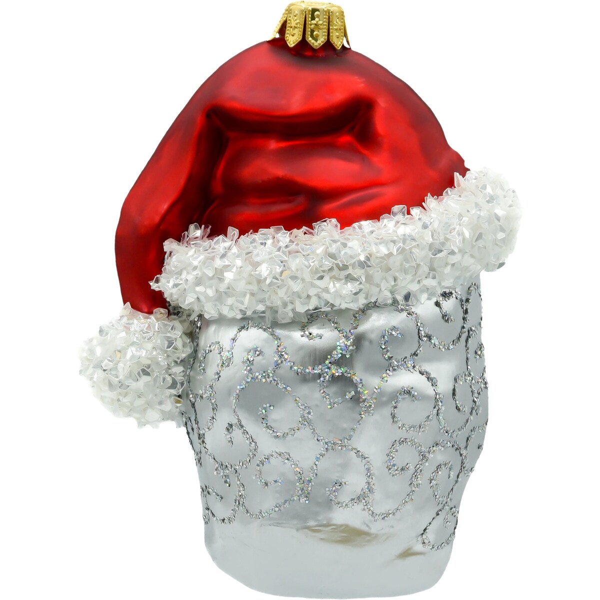 Bombka choinkowa - srebrna w czapce Świętego Mikołaja